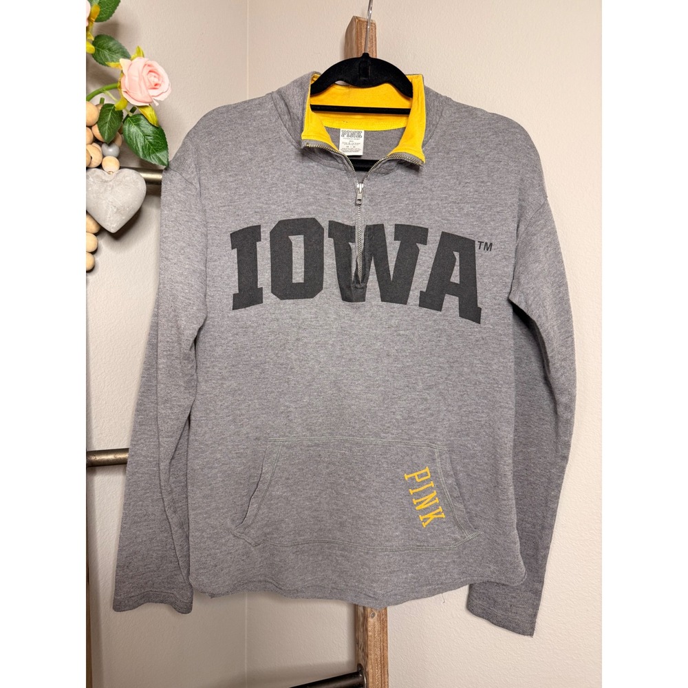 PINK Victoria's Secret Iowa Hawkeyes Quarter Zip Pullover Gray Yellow Medium - Picture 2 of 7